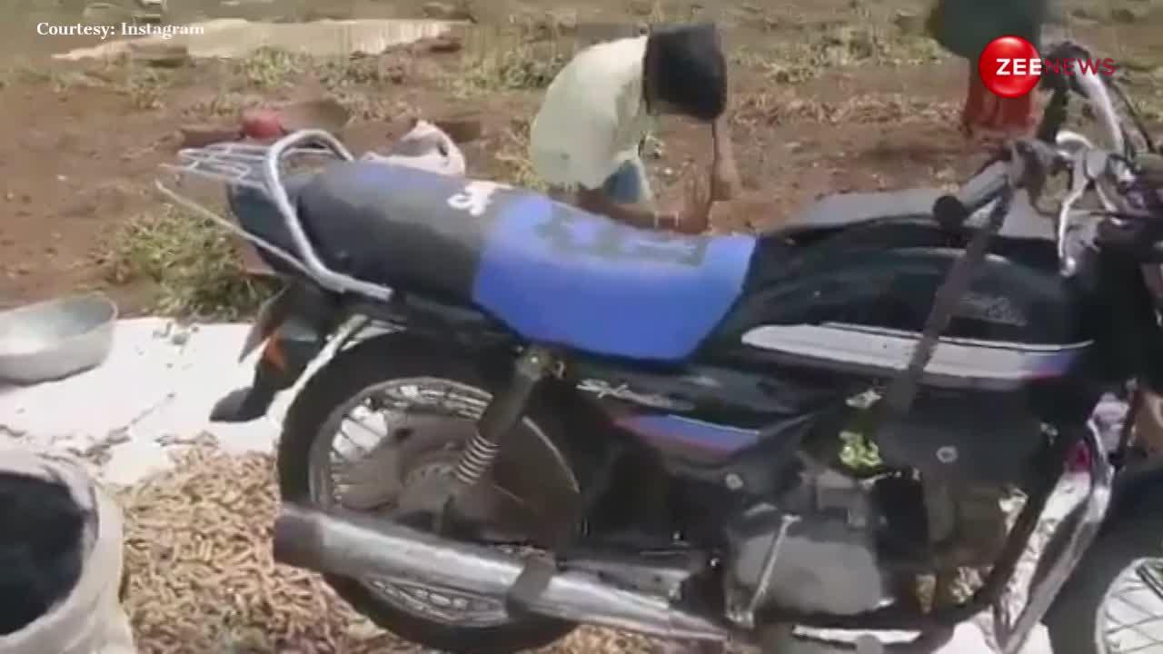मोटरसाइकिल के पहिए से किसान ने तोड़ी मुंगफली, इस देसी जुगाड़ से बचा लिया एक्स्ट्रा खर्चा