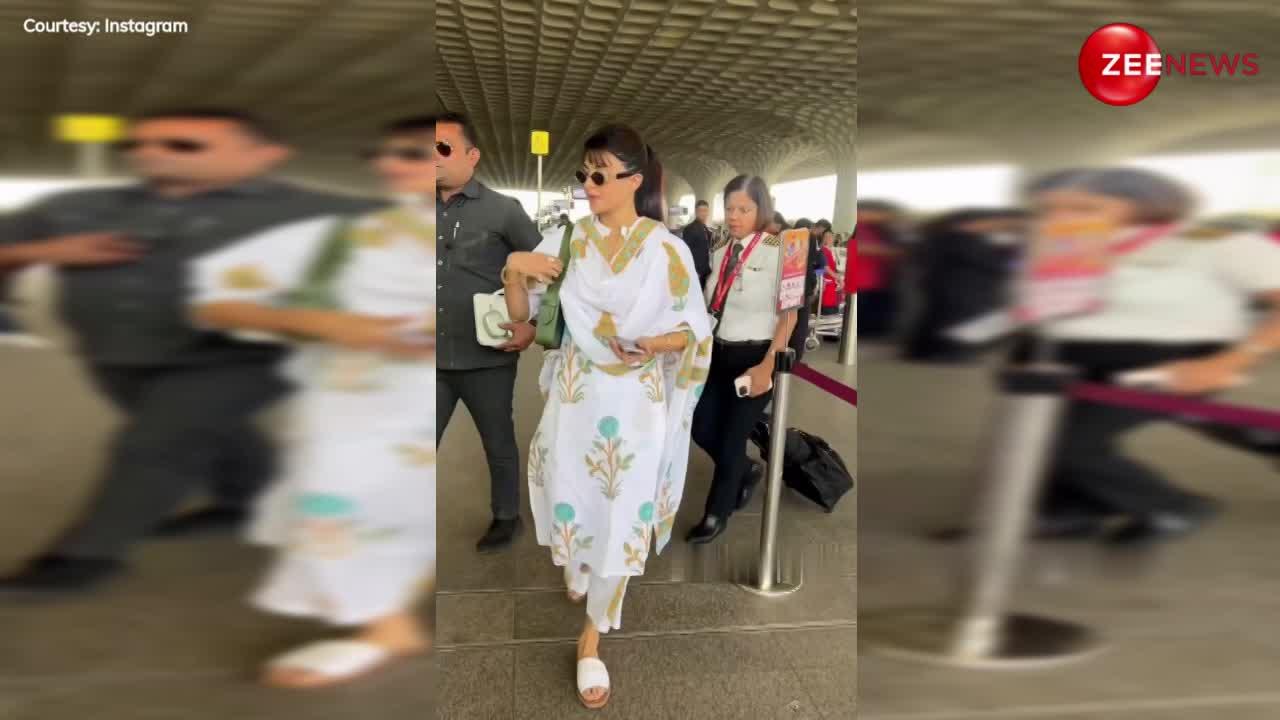 एयरपोर्ट पर सफेद प्रिंटेड सूट पहनें और दुपट्टा ओढे स्पॉट हुईं Jacqueline Fernandez, देखें ये क्यूट अंदाज