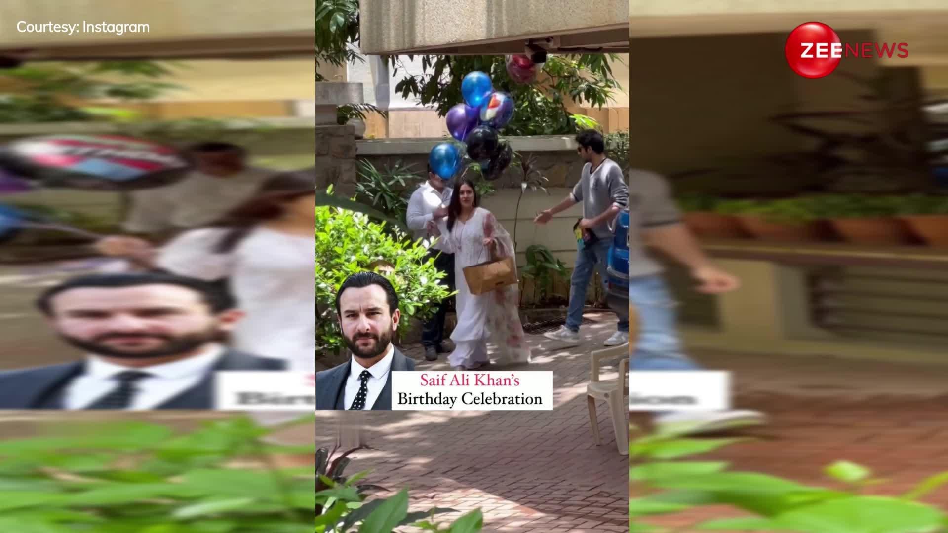 Saif Ali Khan का बर्थडे सेलिब्रेट करने पहुंचीं बेटी सारा, केक और गुब्बारे लिए भाई इब्राहिम भी दिखे साथ