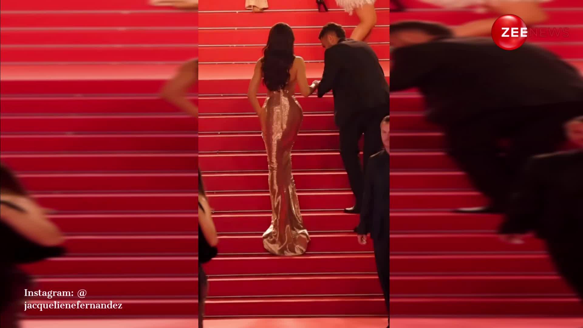 गोल्डन ड्रेस में Cannes के रेड कार्पेट पर उतरीं Jacqueline Fernandez, खूबसूरती से बिखेरे जलवे