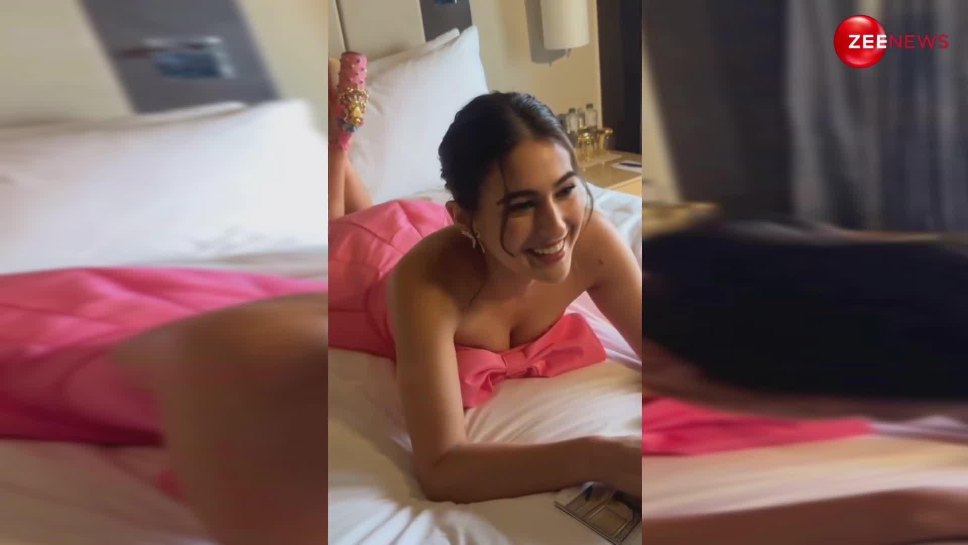 Sara Ali Khan ने शेयर किया बेड पर लेटकर फोटो खिंचवाने का स्ट्रगल, लंबी हील्स छोड़ लॉबी में नंगे पैर दौड़ते आईं नजर