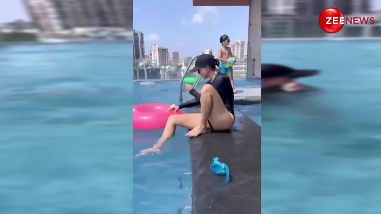 Sunny Leone ने स्विमिंग पूल में मारी जबरदस्त छलांग, खुद को संभालना हो गया मुश्किल